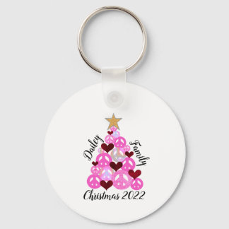 Family Christmas Tie Dyed Peace Sign Tree Pink Keychain