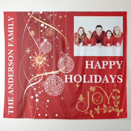Family Christmas tree bauble snowflakes joy red  Tapestry