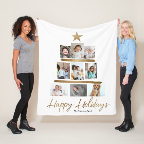 Family Christmas tree gold star photo Collage  Fleece Blanket