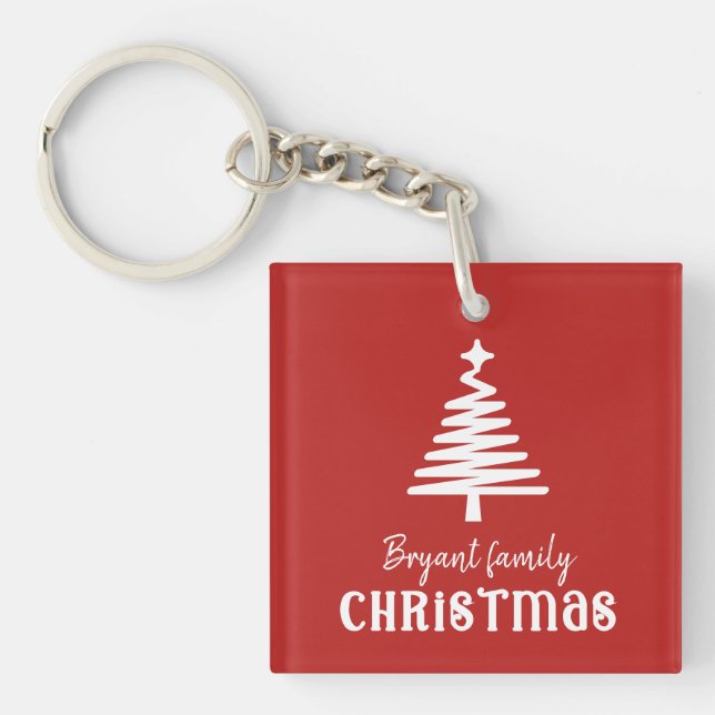 Family Christmas tree red Keychain (Front)