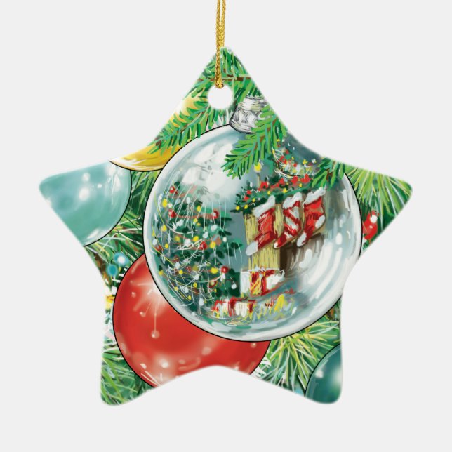 Family Christmas Tree Reflection Painting Ceramic Ornament (Front)