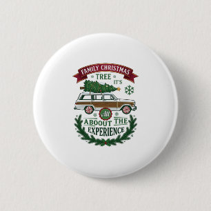 Family Christmas Tree Station Wagon Pine Wreath Button