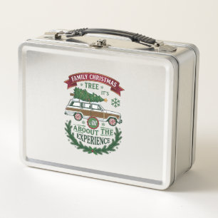 Family Christmas Tree Station Wagon Pine Wreath Metal Lunch Box
