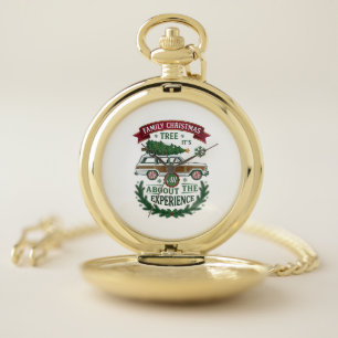 Family Christmas Tree Station Wagon Pine Wreath Pocket Watch