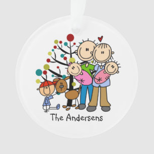 Family Christmas Twin Girls, Boy, Dog, Mom and Dad Ornament