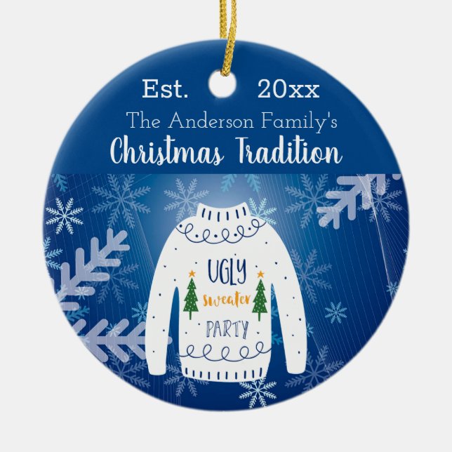 Family Christmas ugly sweater blue white monogram Ceramic Ornament (Front)