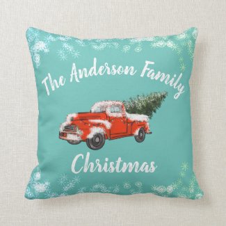 Family Christmas Vintage Red Truck Throw Pillow
