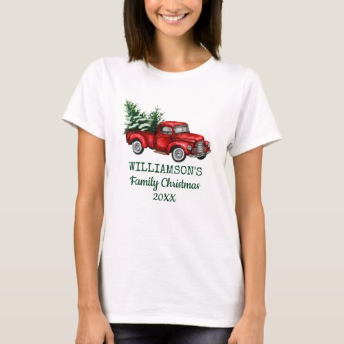 Family Christmas Vintage Red Truck Womens T_Shirt