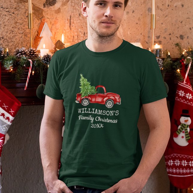 Family Christmas Vintage Truck Personalized Green T-Shirt (Customize to change text color, style or text size.)