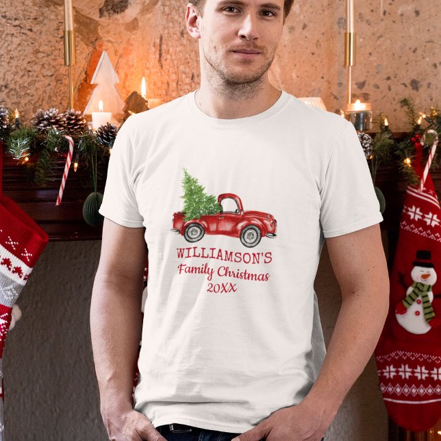 Family Christmas Vintage Truck Personalized T-Shirt (Customize to change text color, style or text size.)