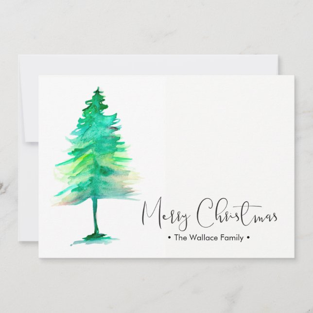 Family Christmas Watercolor Pinetree, Personalized Holiday Card (Front)