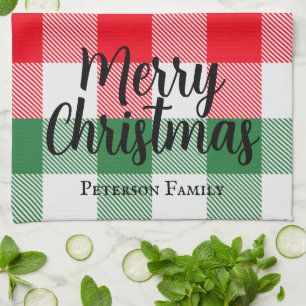 Family Christmas White Green and Red Buffalo Plaid Kitchen Towel