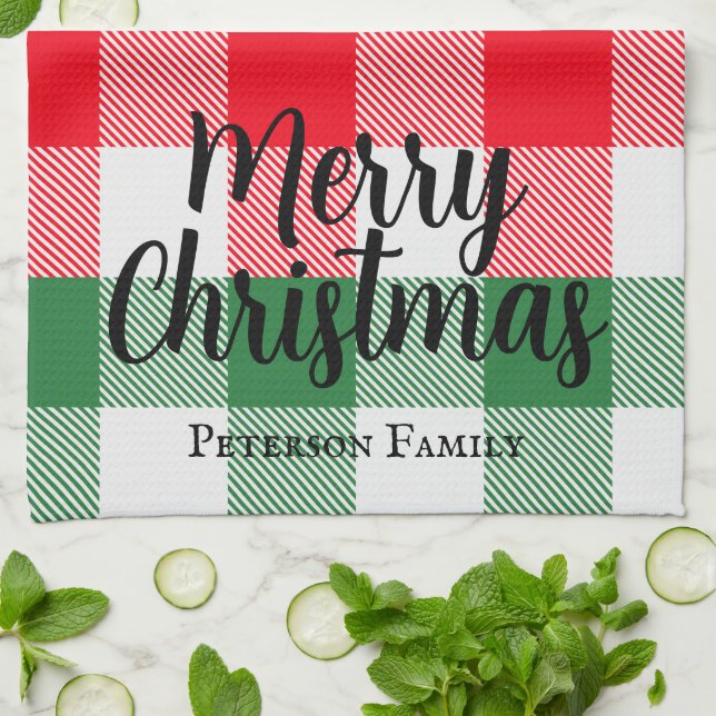 Family Christmas White Green and Red Buffalo Plaid Kitchen Towel (Folded)