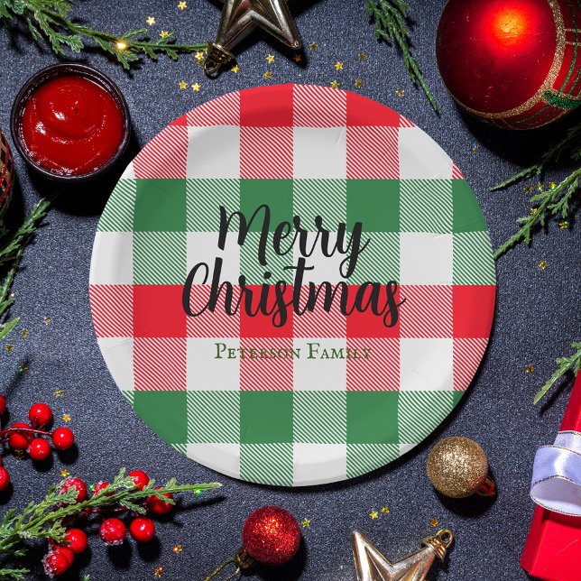 Family Christmas White Green and Red Buffalo Plaid Paper Plates (Creator Uploaded)