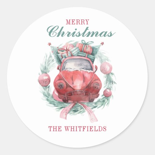 Family Christmas Wreath Red Car Matching Holiday Classic Round Sticker