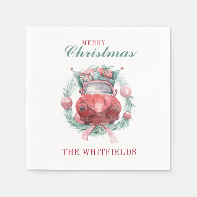 Family Christmas Wreath Red Car Matching Holiday Napkins (Front)