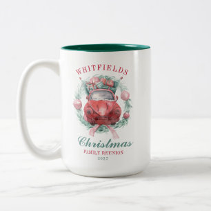 Family Christmas Wreath Red Car Matching Holiday Two-Tone Coffee Mug