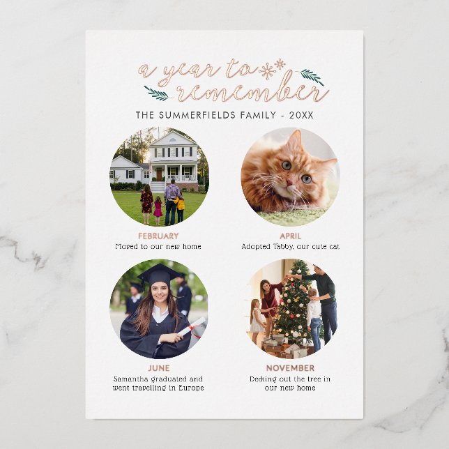 Family Christmas Year to Remember Rose Gold Foil Holiday Card (Front)
