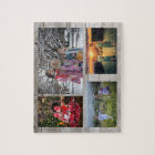 Family collage 4 photos on rustic faux wood