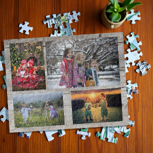 Family collage 4 photos on rustic faux wood jigsaw puzzle