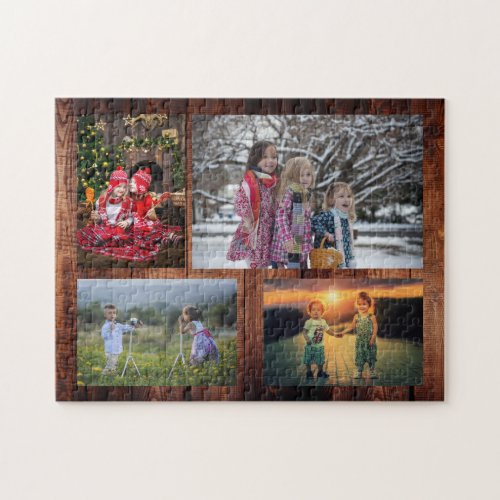 Family collage 4 photos on rustic wood jigsaw puzz jigsaw puzzle