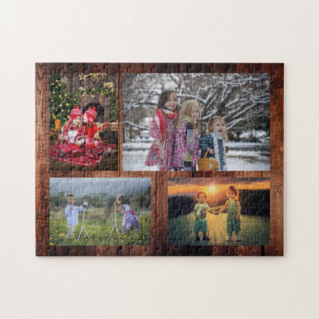 Family collage 4 photos on rustic wood jigsaw puzz puzzle (Horizontal)