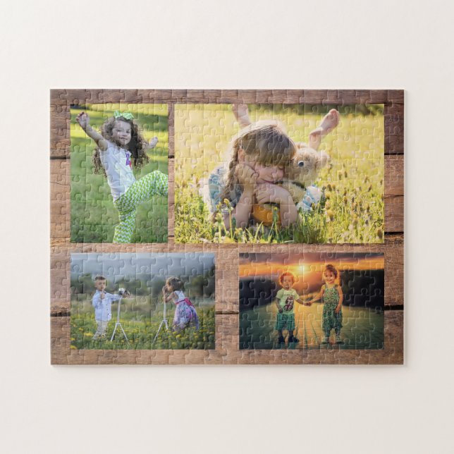Family collage 4 photos on rustic wood jigsaw puzzle (Horizontal)