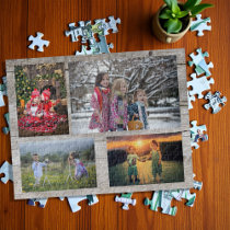 Family collage 4 photos on rustic wood jigsaw puzzle