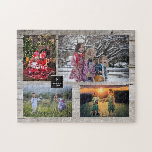 Family collage 4 photos on rustic wood monogram jigsaw puzzle
