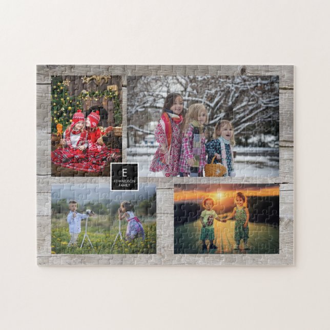 Family collage 4 photos on rustic wood monogram jigsaw puzzle (Horizontal)