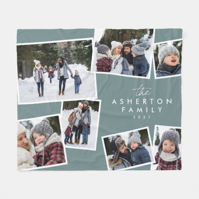 Family collage 7 photo personalized modern teal fleece blanket (Front (Horizontal))