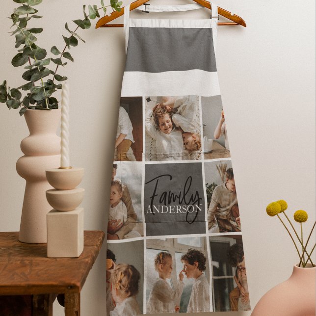 Family Collage Photo & Personalized Grey Gift Apron (Creator Uploaded)