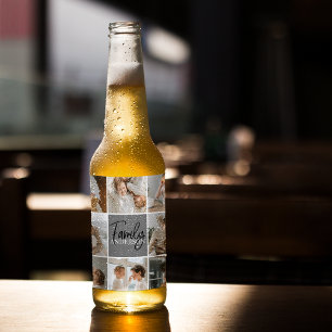 Family Collage Photo & Personalized Grey Gift Beer Bottle Label