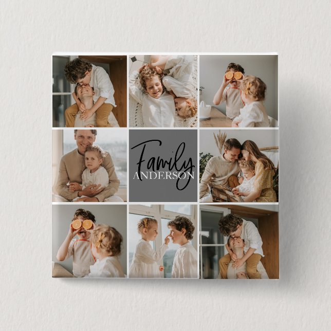 Family Collage Photo & Personalized Grey Gift Button (Front)