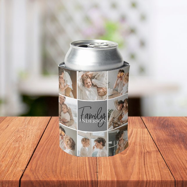 Family Collage Photo & Personalized Grey Gift Can Cooler (Creator Uploaded)