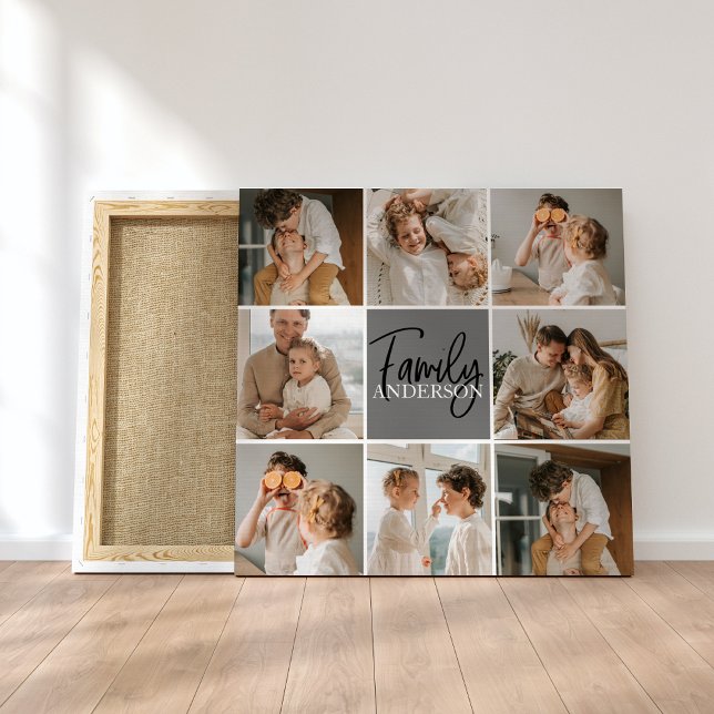 Family Collage Photo & Personalized Grey Gift Canvas Print (Creator Uploaded)