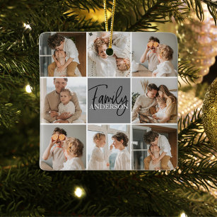 Family Collage Photo & Personalized Grey Gift Ceramic Ornament