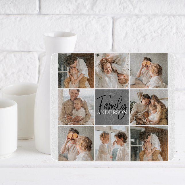 Family Collage Photo & Personalized Grey Gift Cutting Board (Creator Uploaded)