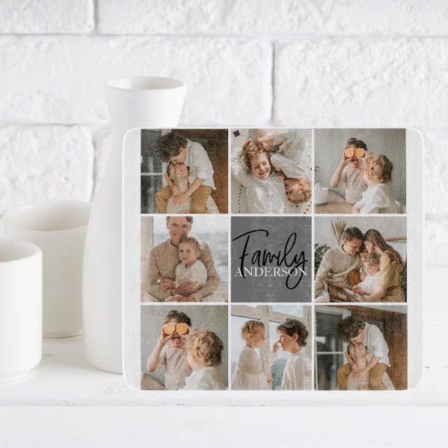 Discover Family Collage Photo & Personalized Grey Gift Cutting Board