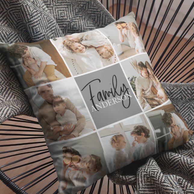 Family Collage Photo & Personalized Grey Gift Outdoor Pillow (Creator Uploaded)