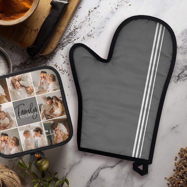 Family Collage Photo & Personalized Grey Gift Oven Mitt & Pot Holder Set (Creator Uploaded)