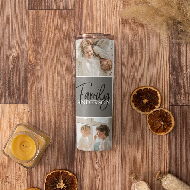 Family Collage Photo & Personalized Grey Gift Thermal Tumbler (Creator Uploaded)