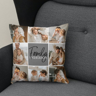 Family Collage Photo & Personalized Grey Gift Throw Pillow