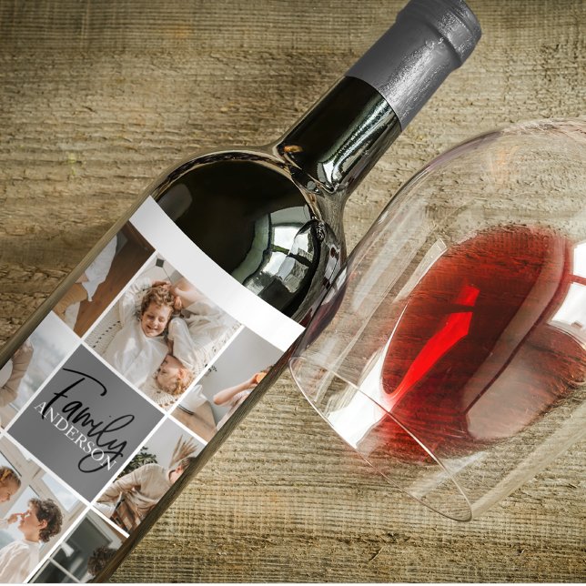 Family Collage Photo & Personalized Grey Gift Wine Label (Creator Uploaded)