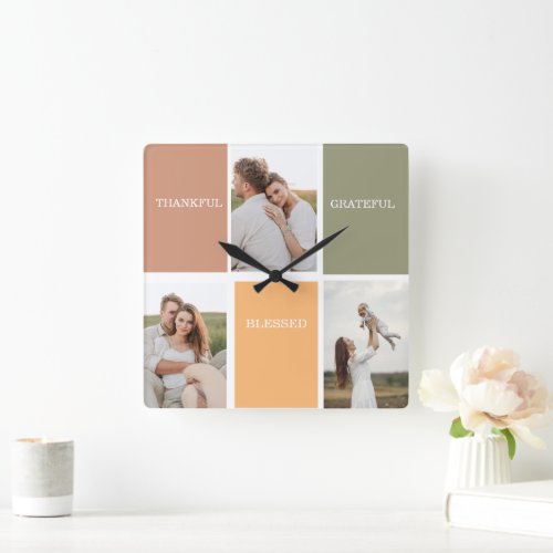 Family Collage Photo | Thankful Blessed Grateful Square Wall Clock