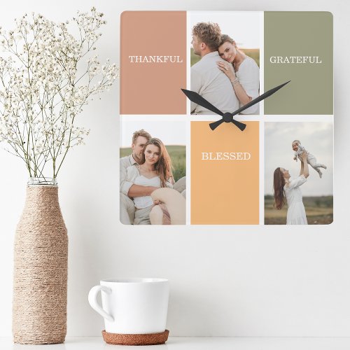 Family Collage Photo  Thankful Blessed Grateful Square Wall Clock