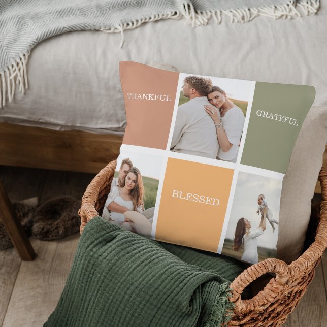 Family Collage Photo | Thankful Blessed Grateful Throw Pillow (Creator Uploaded)