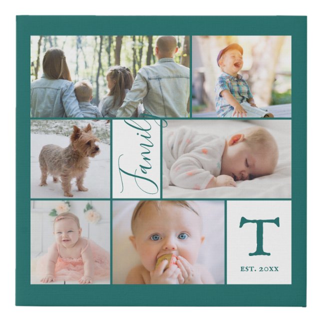 Family Collage with Monogram Multi Photo Faux Canvas Print (Front)
