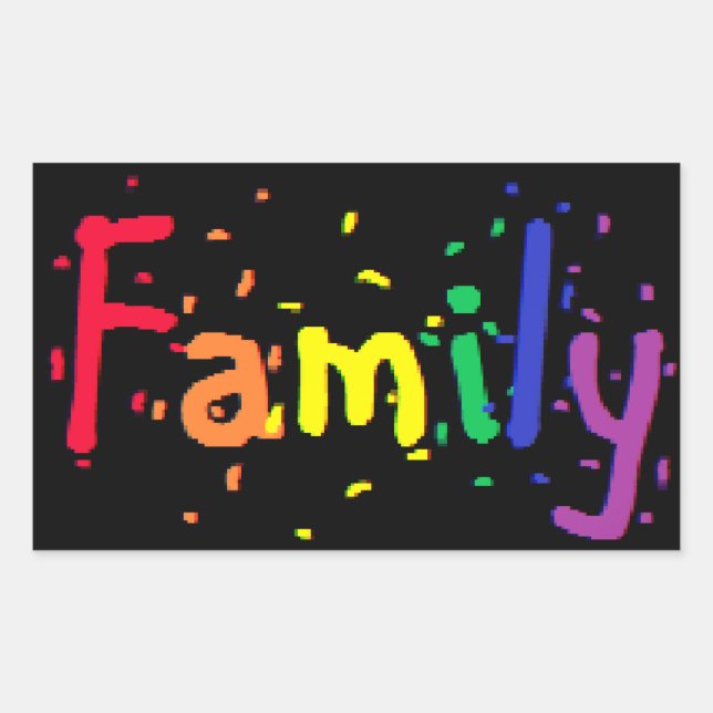 Family Confetti Rainbow on Black Rectangular Sticker (Front)