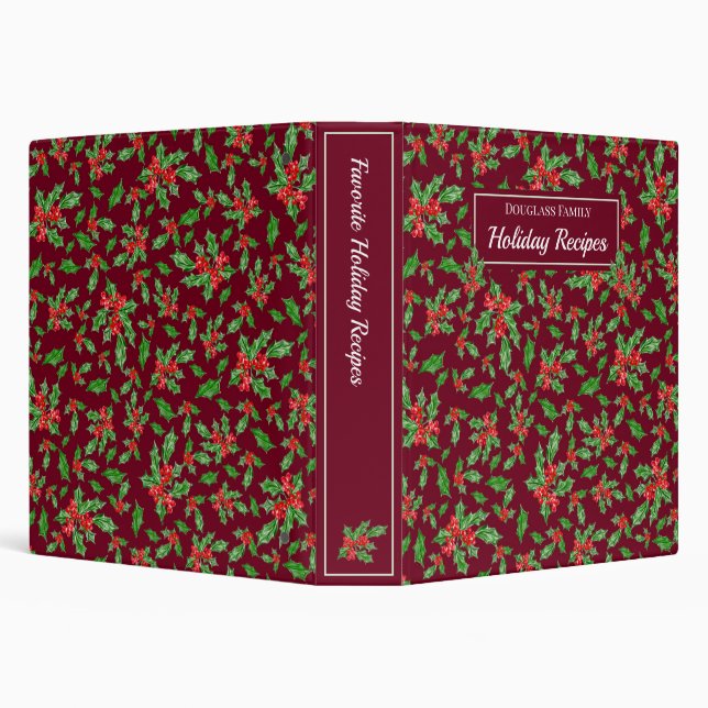 Family Cookbook Holiday Recipe Holly Custom 3 Ring Binder (Background)